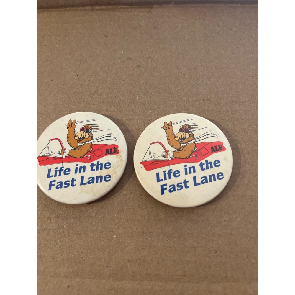 Vintage 1987 ALF Life in the Fast Lane Pinback Buttons Russ Berrie Set of 2 80s